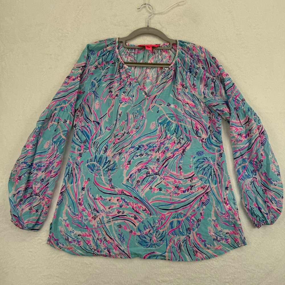 Lilly Pulitzer Winsley‎ XS Top Blouse Lapis Lazuli Horshoe Bay Blue Pink Print